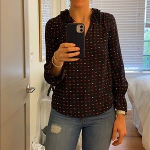 J Crew Ruffle-neck Navy Silk Blouse in Lips Print